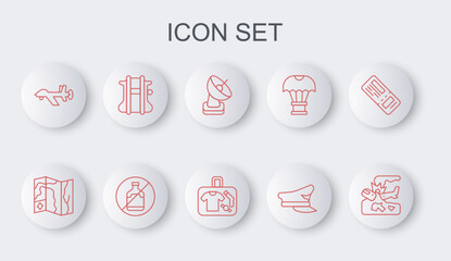 Set line Plane crash, World travel map, Radar, Pilot hat, UAV Drone, Parachute, No alcohol and Suitcase icon. Vector