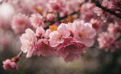 Naklejka na ściany i meble A blooming pink cherry blossom in nature.