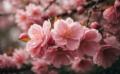 A blooming pink cherry blossom in nature.