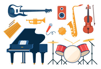 Musical instruments, set of icons. Guitar, synthesizer, violin, cello, drum, cymbals, saxophone, accordion, tambourine, grand piano. Vector illustration. - obrazy, fototapety, plakaty