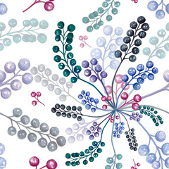 Watercolor seamless pattern blue and violet berries on branches for beautiful winter design on white isolated background. Watercolor illustration, vintage style.