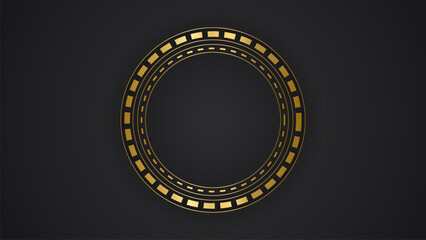 Naklejka premium black luxury abstract background with circle line and golden elegant texture backdrop vector. wavy metallic dark light element illustration graphic gold art decoration premium shape.