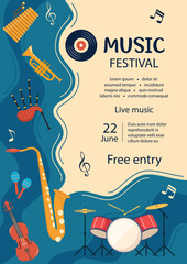 Invitation to a music festival. Musical instruments. Violin, cello, drum, cymbals, saxophone, bagpipes. Vector illustration.