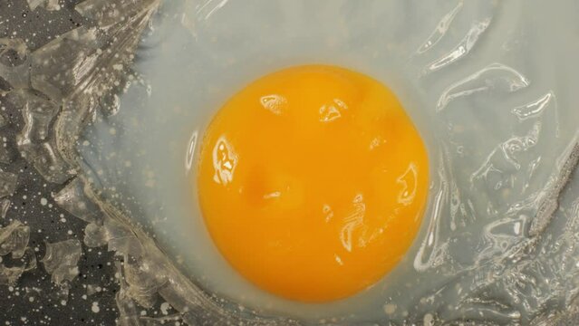 Timelapse of Fried eggs close up. Fried eggs in a pan. Raw broken chicken egg. Broken egg falls into the frying pan.