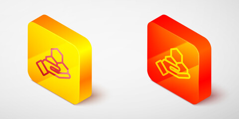 Isometric line Honeycomb and hand icon isolated on grey background. Honey cells symbol. Sweet natural food. Yellow and orange square button. Vector