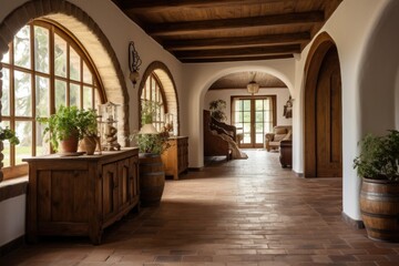 Curved columns in farmhouse hallway. Rustic style interior design of modern entrance hall in country house