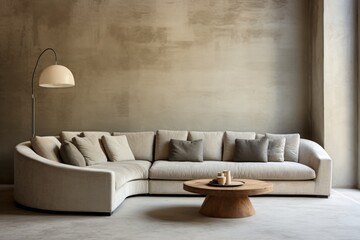 Curved corner sofa against of aged stucco wall. Loft interior decor