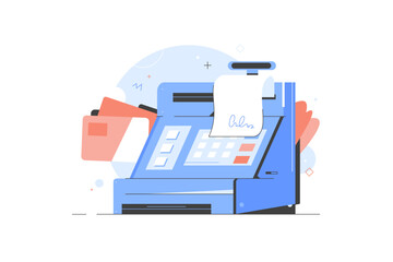 Cash register at the workplace in supermarket, shop. Concept using modern technology at workspace. Icon for cashier employee in store. Using electronic payment by card with check. Vector illustration - obrazy, fototapety, plakaty