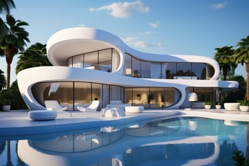 Obraz premium Exterior of modern minimalist white villa with swimming pool. Rich house with round shapes
