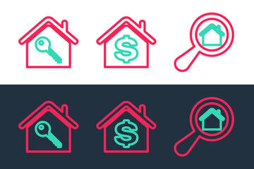 Set line Search house, House with key and dollar icon. Vector