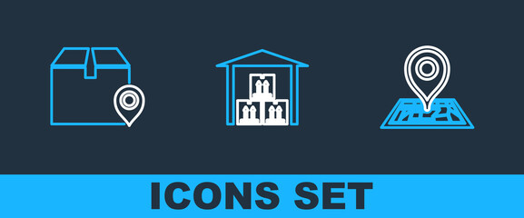 Set line Placeholder on map, Location with cardboard box and Warehouse icon. Vector