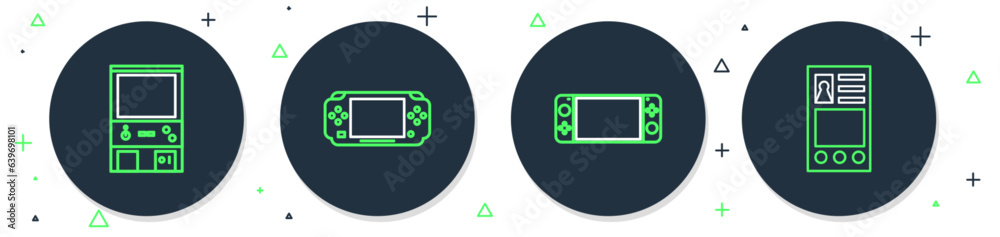Poster set line portable video game console, retro arcade machine and create account screen icon. vector