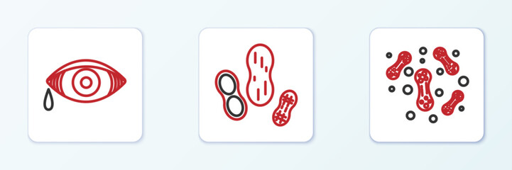 Set line Bacteria, Reddish eye allergic conjunctivitis and Peanut icon. Vector