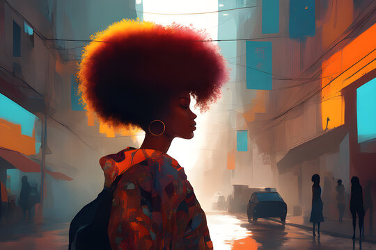 a visionary girl with vibrant afro hairstyle concept art nouveau generative ai