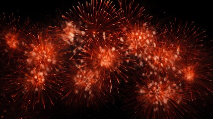 Seamless vector pattern of fireworks. Stunning night fireworks wallpaper on a black background. Bright red fireworks texture illustration. Midnight with multicolored firework pattern.