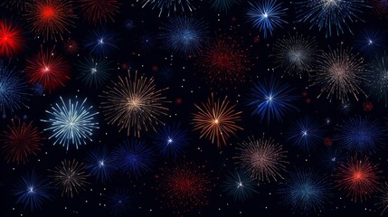 Fototapeta na wymiar Seamless vector pattern of fireworks. Stunning night fireworks wallpaper on a black background. Bright and colorful fireworks texture illustration. Midnight with multicolored firework pattern.