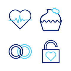 Set line Lock and heart, Wedding rings, cake with and Heart rate icon. Vector