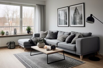 Grey corner sofa in scandinavian home interior design of modern living room