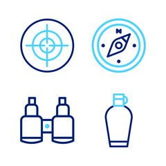 Set line Canteen water bottle, Binoculars, Compass and Target sport icon. Vector