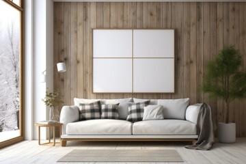 Grey sofa with pillows and plaid near wooden lining paneling wall against of big window. Nordic design of modern living room