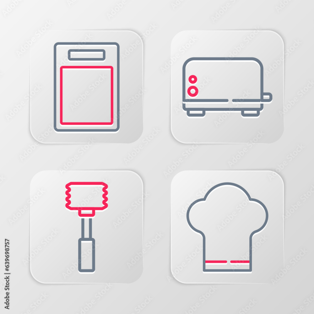 Sticker Set line Chef hat, Kitchen hammer, Toaster and Cutting board icon. Vector