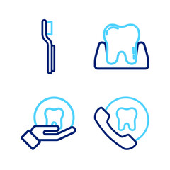 Set line Online dental care, Tooth, and Toothbrush icon. Vector
