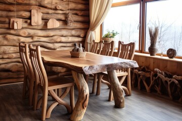Fototapeta na wymiar Handmade wooden log furniture, dining table and chairs. Rustic interior design of modern living room