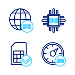 Set line Digital speed meter 5G, Sim card, Processor and network icon. Vector