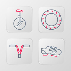 Set line Bicycle shoes, handlebar, wheel tire and Unicycle or one bicycle icon. Vector