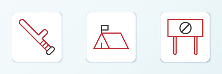 Set line Protest, Police rubber baton and camp icon. Vector