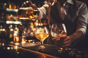 Bartender pouring alcohol from the bottle into the glass - obrazy, fototapety, plakaty