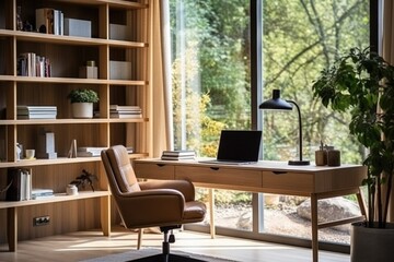 Home workplace with wooden writing desk and chair against window near bookcase. Interior design of modern scandinavian home office