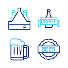 Set line Bottle cap with beer, Wooden mug, Beer bottle and Pack of bottles icon. Vector
