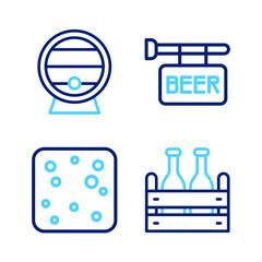 Fototapeta premium Set line Pack of beer bottles, Beer bubbles, Street signboard with and Wooden barrel on rack icon. Vector