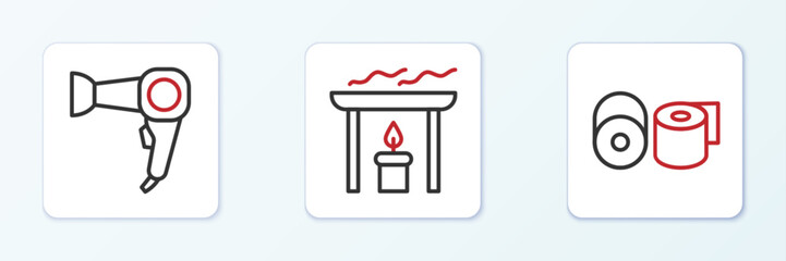 Set line Toilet paper roll, Hair dryer and Aroma candle icon. Vector