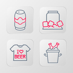 Set line Beer bottles in ice bucket, T-shirt, Cold beer can and icon. Vector