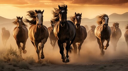 The sun is setting as a herd of wild horses gallops across a prairie, raising dust in their wake.