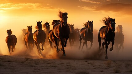 The sun is setting as a herd of wild horses gallops across a prairie, raising dust in their wake.