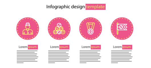 Set line Medal with baseball ball, Flag, Baseball and player icon. Vector
