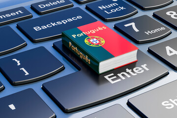 Portuguese language textbook on laptop keyboard. Online courses of Portuguese language, 3D rendering © natatravel