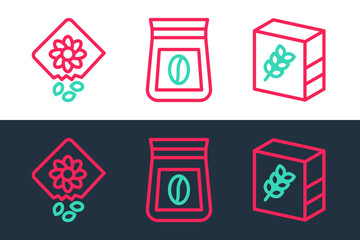 Set line Flour pack, Pack full of seeds of plant and Bag coffee beans icon. Vector