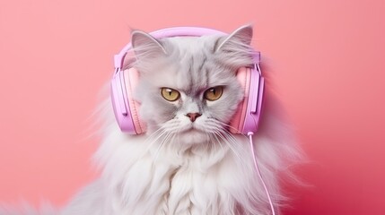 A close-up portrait of a fashionable-looking cat wearing headphones and sunglasses while listening to music.