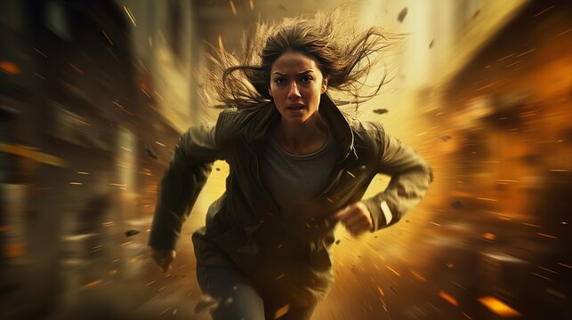 This is an awesome shot of a woman running in an exciting scene straight out of an action movie.