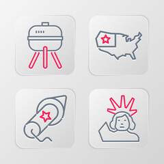 Set line Statue of Liberty, Firework, USA map and Barbecue grill icon. Vector