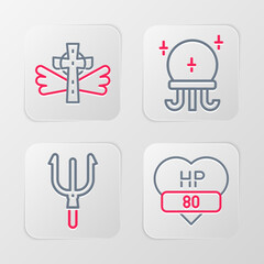 Set line Video game bar, Neptune Trident, Magic ball and Christian cross icon. Vector