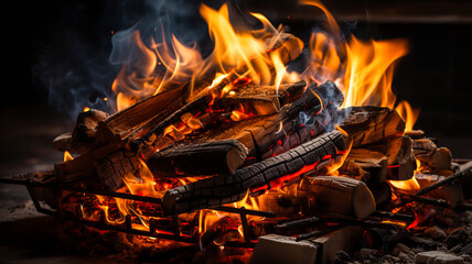 Bonfire with red-hot coals. A bright fire, the process of burning a pile of wood, with fire and sparks. On a dark background. Generative AI technology.