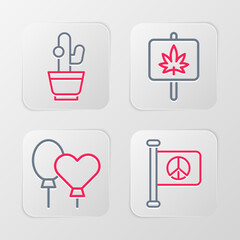 Set line Flag peace, Balloons, Marijuana and Cactus icon. Vector