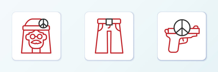 Set line No war, Hippie girl and Jeans wide icon. Vector