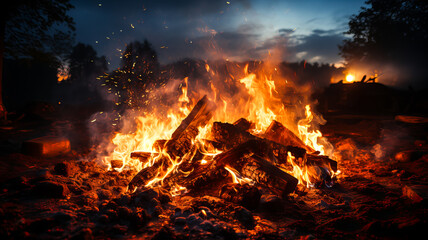 Bonfire with red-hot coals. A bright fire, the process of burning a pile of wood, with fire and sparks. On a dark background. Generative AI technology.