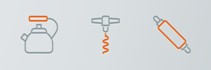 Set line Rolling pin, Kettle with handle and Wine corkscrew icon. Vector